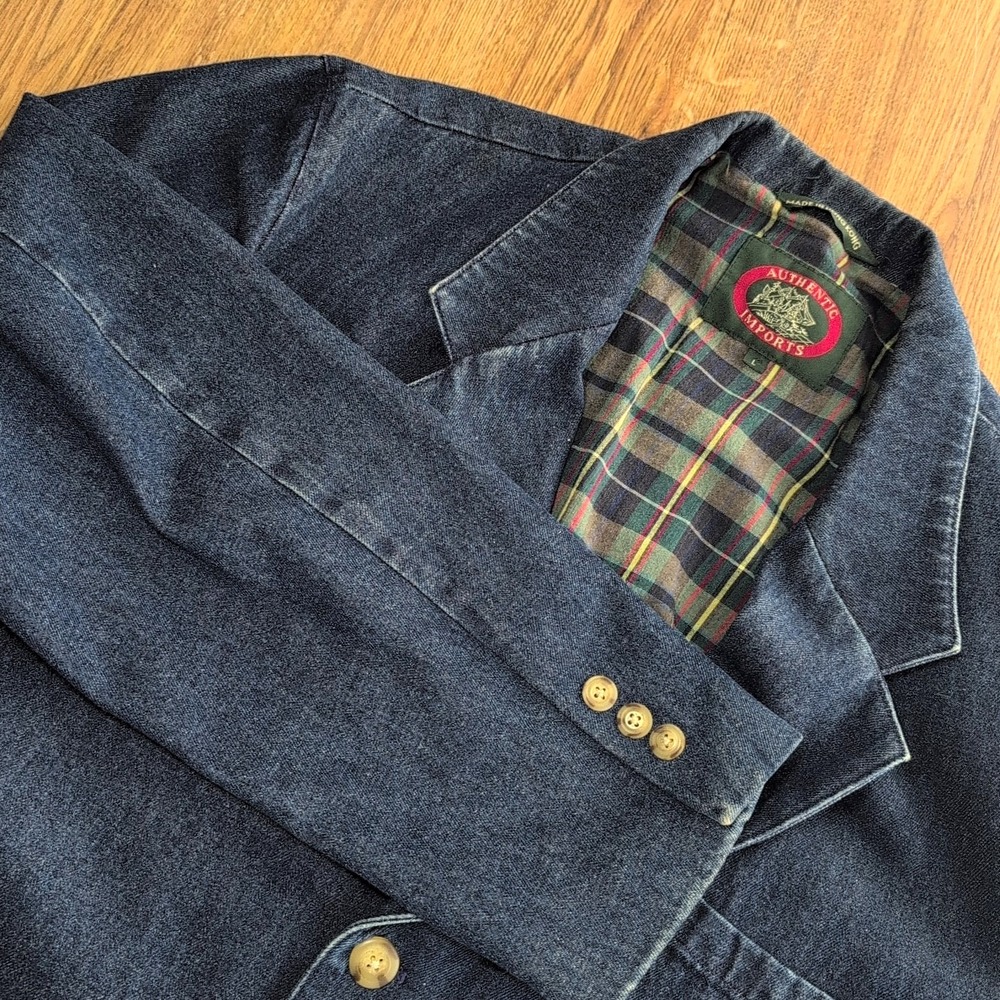 90s Authentic Imports Coat Women's L Blue Denim Flannel Lined Leather Collar VTG